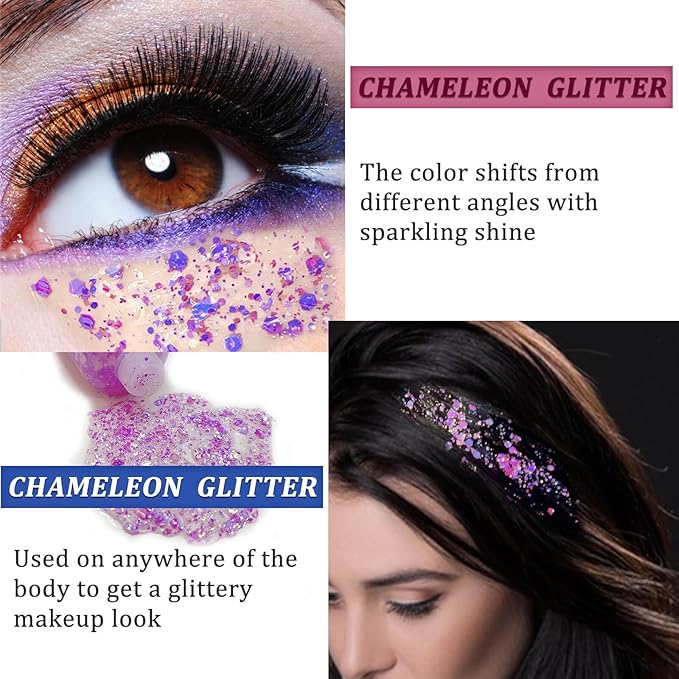 MEICOLY Chameleon Light Purple Body Glitter,Chunky Face Glitter for Halloween,Color Changing Mermaid Face Glitter Gel,Holographic Glitter Sequins for Face Body Hair,Festival Party Cheer Glitter Makeup