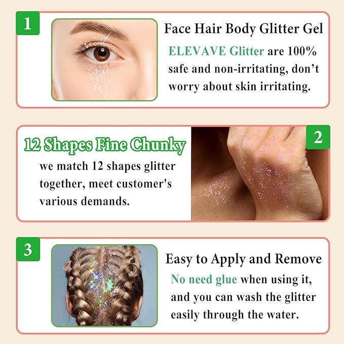 Body Glitter Face Glitter, Hair Glitter for Kids, 12 Shapes Fine Chunky Glitter Gel for Women Girls Makeup Sparkles Party Mermaid Sequins Rave Accessories Singer Concerts Festival (Blue Scheme)