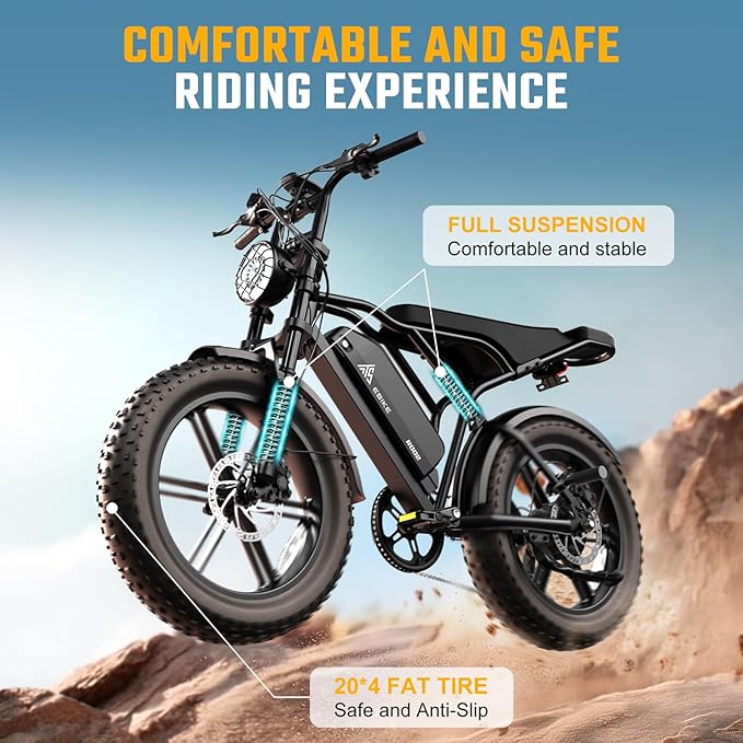 TST Electric Bike for Adults, 1500W Peak Brushless Motor 28 MPH 60 Miles/110 Miles Fat Tire E Bike with 48V 15Ah/ 25Ah Removable Battery 20" Electric Dirt Bike Hydraulic Suspension and 7-Speed