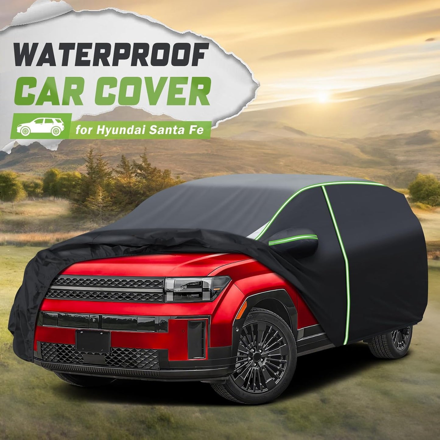 Mixsuper Liner Car Cover for Hyundai Santa Fe 2006-2026, 7 Layers Full Car Cover All Weather Car Covers for Santa Fe, Waterproof Outdoor Cover with Zipper Door Reflective Strips