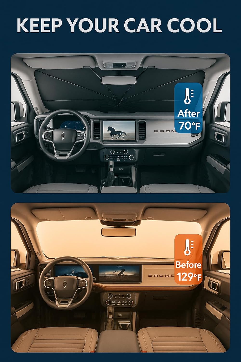 Proadsy Windshield Sun Shade Umbrella for Ford Bronco 2021-2025 2026 Foldable Car Umbrella Sunshade with Soft TPU Handle Spring Structure Crystal Cooling Material Protect Car from Rays & Heat