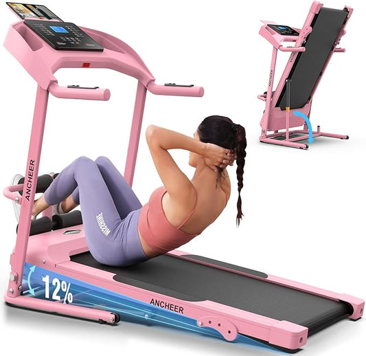 ANCHEER Foldable Treadmill with Sit Up Bench, 2025 Upgrade 3.5HP Portable Treadmills for Home with Incline 350 lbs Capacity, Smart LCD Display Body Fat& Heart Rate, Multifunction Exercise Equipment