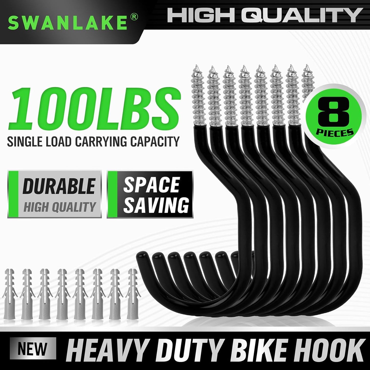 SWANLAKE 8-Piece Heavy Duty Garage Bike Hooks, 6-inch Bike Hooks for Garage Organization, Wall & Ceiling Mount Screw in Hanging Hook, Max Unit Load 100LBS Rustproof Utility Hook Bikes Hanger