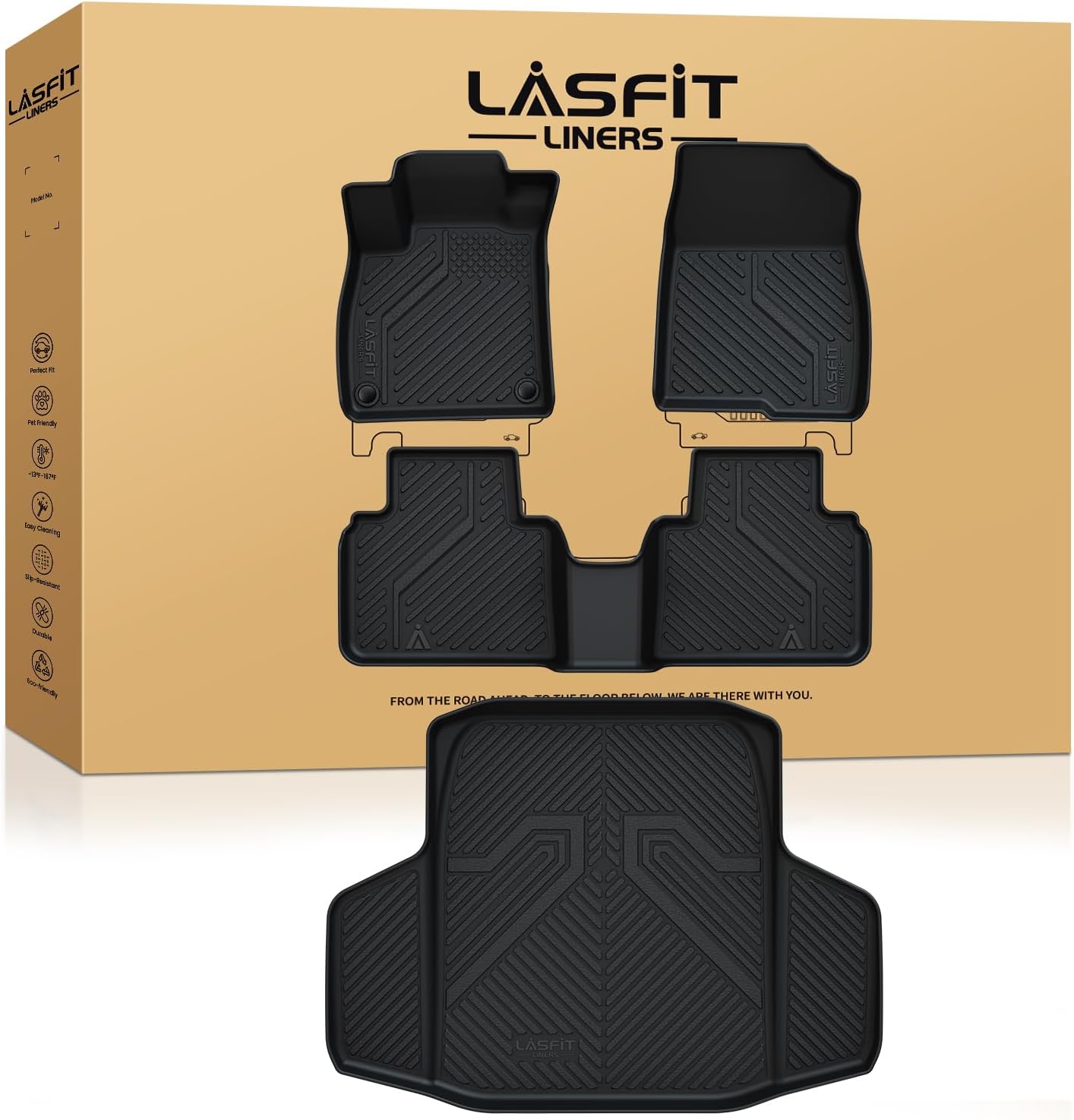 LASFIT Floor Mats and Trunk Mat for Honda Accord Sedan 2018-2022 (Include Hybrid Models), All Weather TPE Custom Fit Floor Liner, 1st & 2nd Row & Cargo Mat, Black