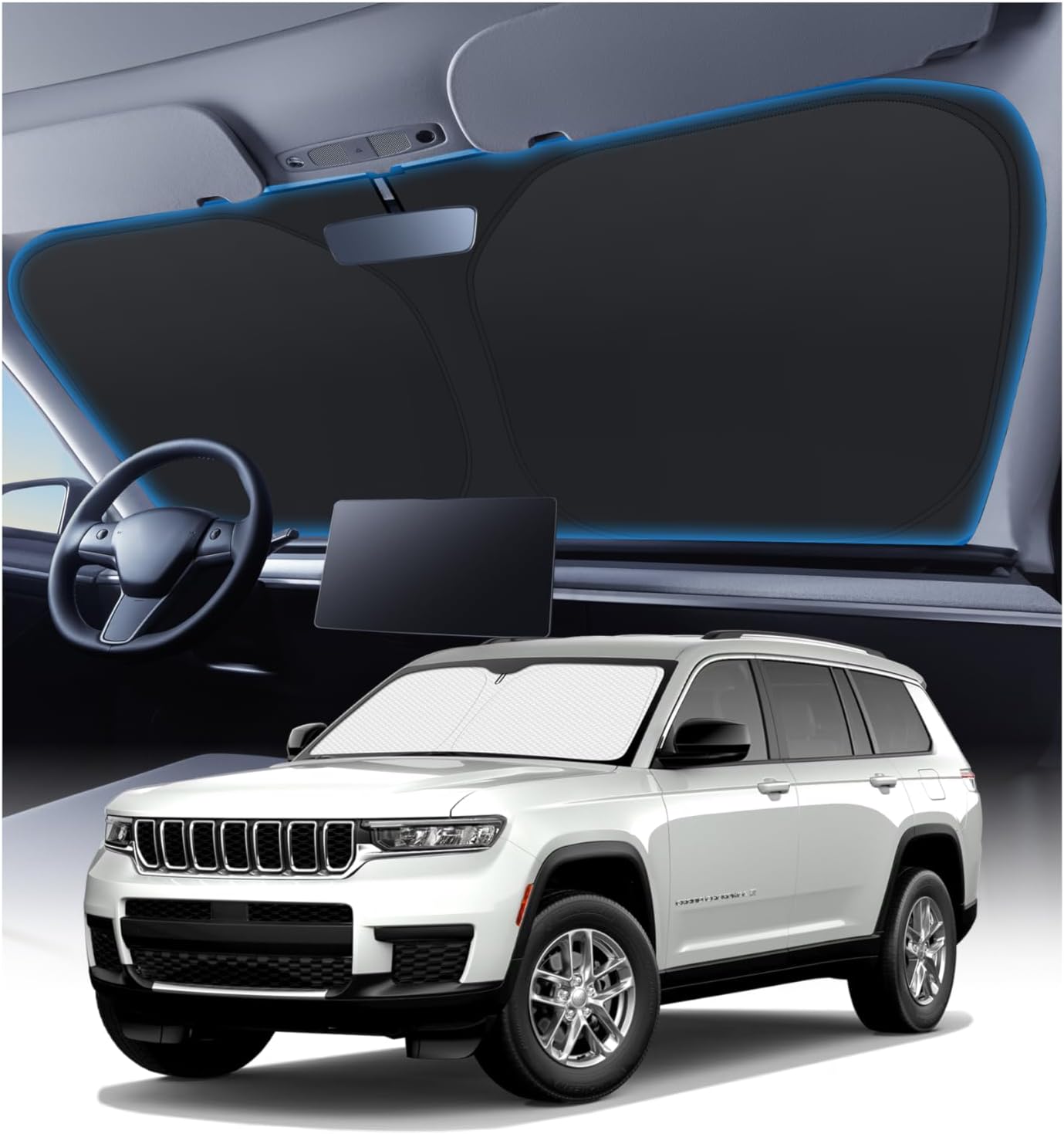 KUST Windshield Sun Shade Custom Fit for Jeep Grand Cherokee L 2021 2022-2024 2025 2026 Sun Shade Front Windshield Sun Visor Foldable Thicker 5-Layer Block Heat and Sun UV Rays