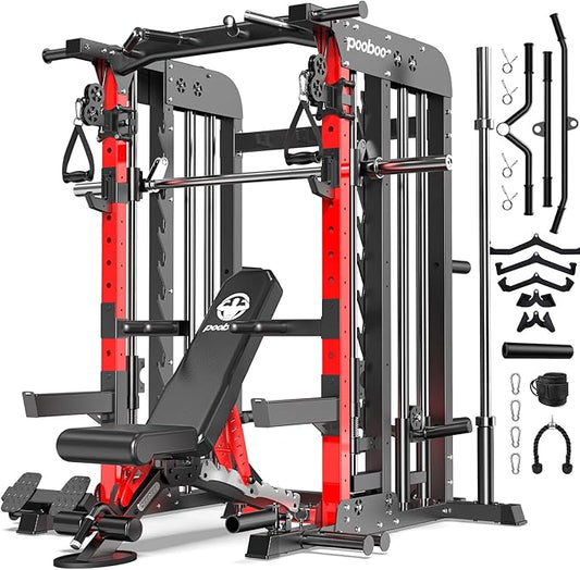 Pooboo Multi-Functional Machine Power Cage, 2000LB Squat Rack, LAT-Pull Down System, Dual Pulley Cable Crossover System, Home Gym Workout Machine with Strength Training Attachments