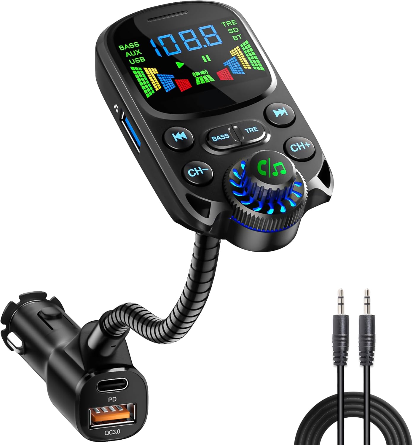 Bluetooth 5.3 FM Transmitter for Car- SOARUN Bluetooth Car Adapter PD30W & USB Port Fast Charge - HiFi Treble & Bass Player - 1.6" Display Hands-Free Calling - Car Radio with AUX Input/Output, TF Card