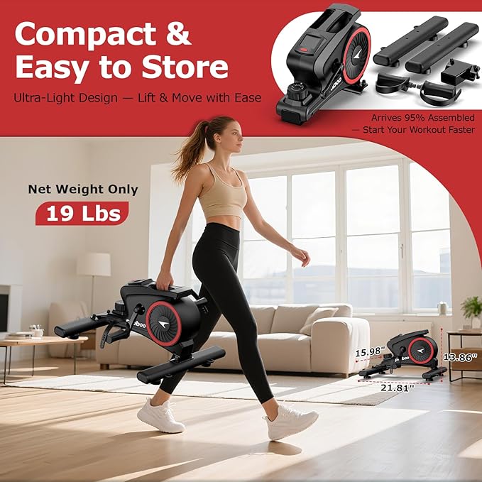 pooboo Under Desk Bike Pedal Exerciser, Quiet Magnetic Mini Exercise Bike with 16 Resistance Levels, Arm & Leg Workout, Resistance Bands & Non-Slip Mat for Home Office Therapy