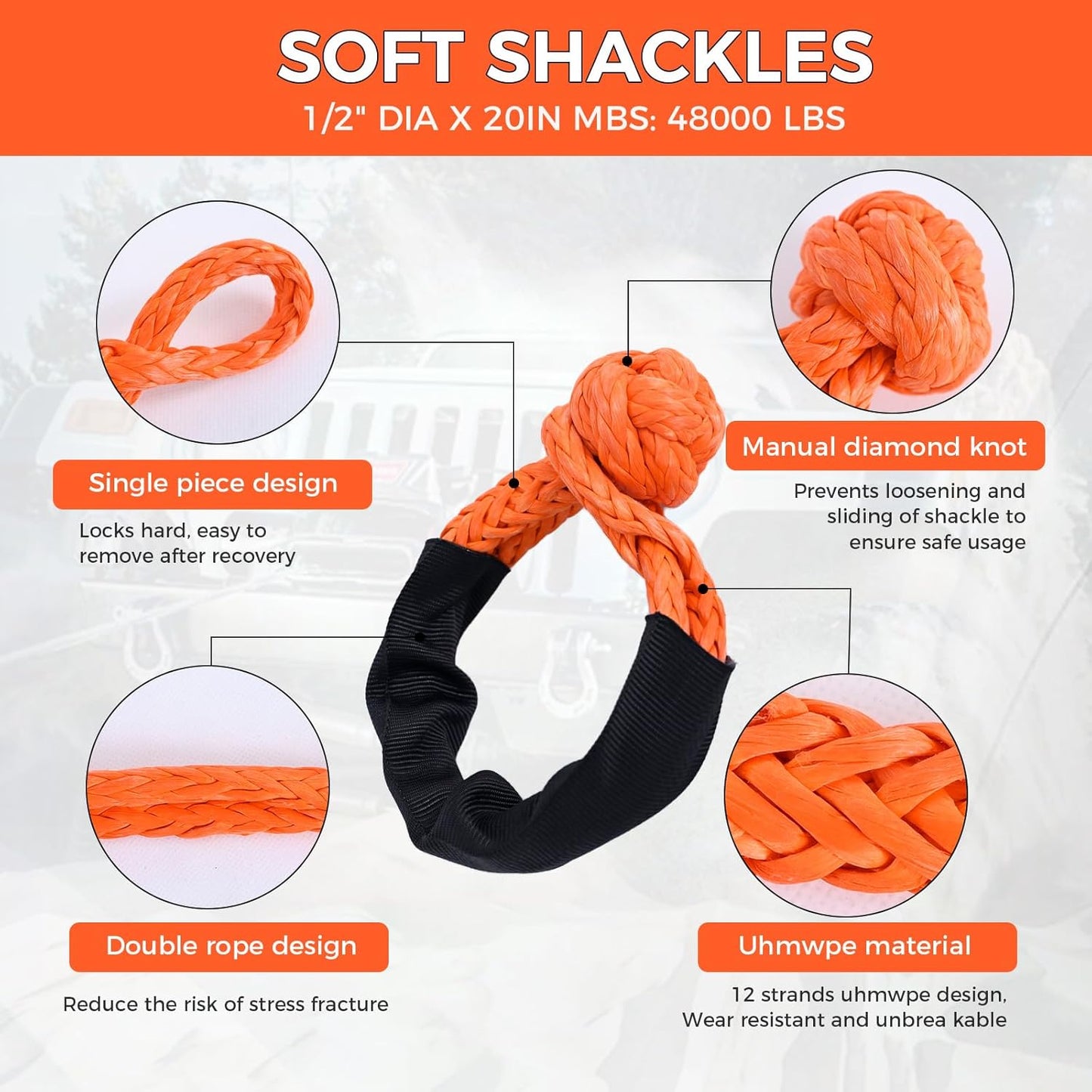Kinetic Recovery Tow Rope, 48000LBS Snatch Strap (1" x 30ft) with Soft Shackles, Extreme Duty 30% Elasticity Energy Offroad Towing Straps Kit for Car Jeep Trucks SUV UTV ATV Tractor - Orange
