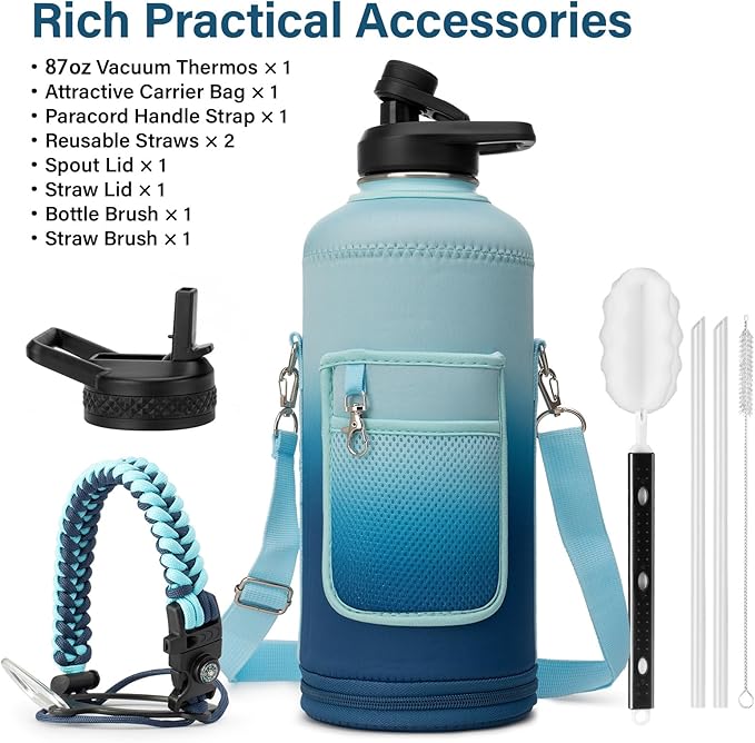 Insulated Water Bottle | Thickened Stainless Steel for Gym and Hiking with Straw, Carrier Bag, Handle Strap | BPA-Free 87 oz