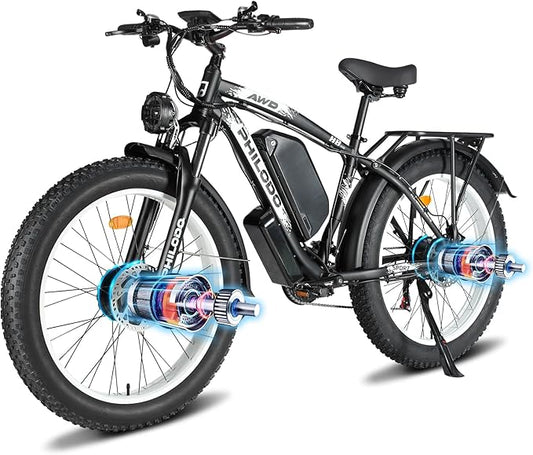 PHILODO 5000W Dual Motor Ebikes for Adults, 60V 26AH Battery Electric Bike, 26x4 Fat Tires for All Terrain Dirt Bike with 21-Speed Gear Electric Mountain Bike Electric Bicycle