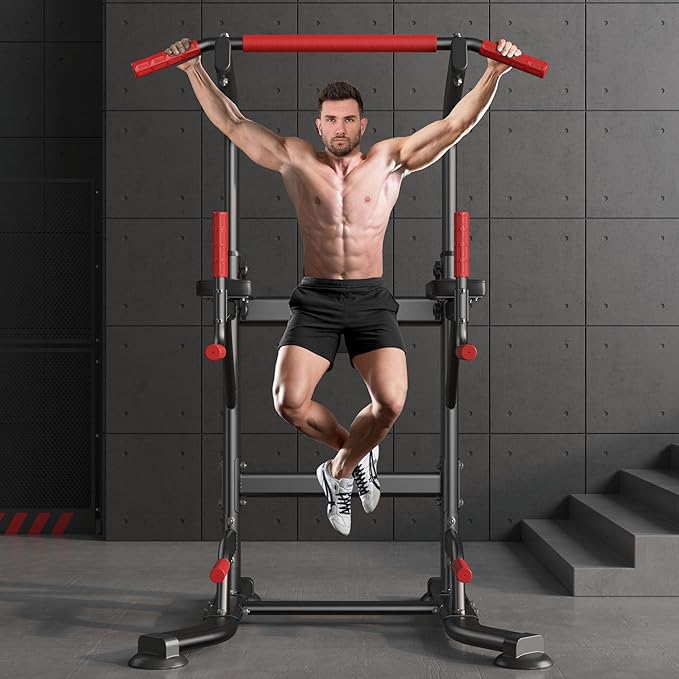 soges Pull Up Bar Dip Station, Power Tower with Boxing Speed Ball & Spinning Target, Adjustable Height Dip Stand Strength Training Fitness Workout Station, Assistive Trainer Pull Up Stand