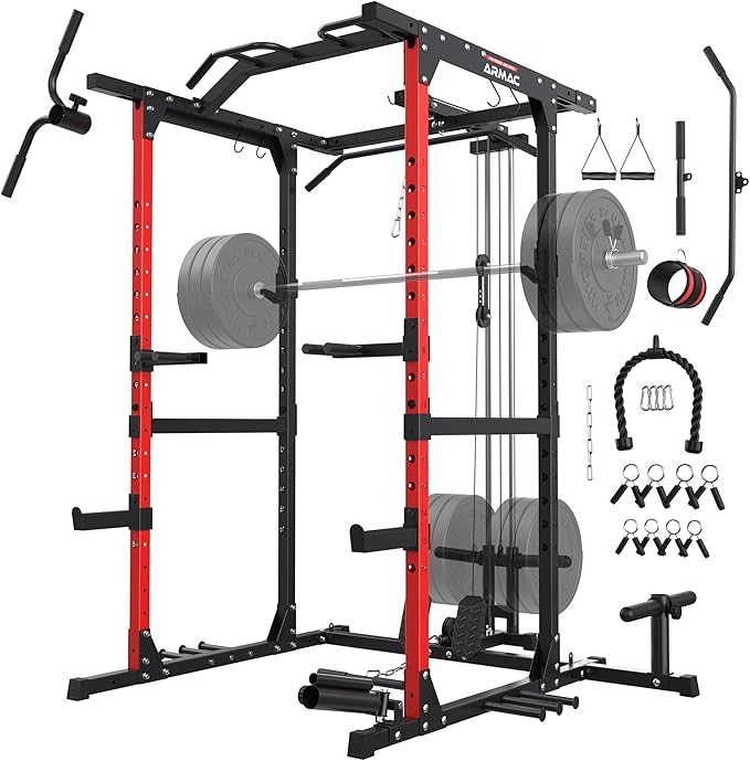 ARMAC Power Cage,1500lbs Multi-Function Power Rack with Adjustable Cable Crossover System and More Training Attachment, Weight Cage for Home Gym