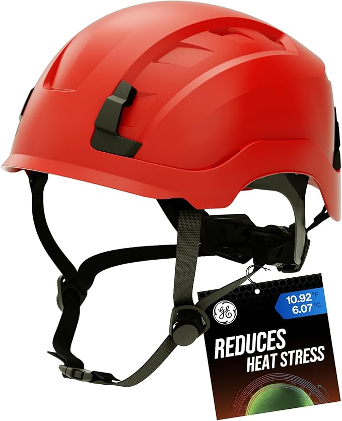 GE Safety Helmet, Impact Absorbing Tech, Adjustable Ratchet, ANSI Type 1, Memory Foam Padding, Hard Hats Protection, Lightweight, Durable, Chin Strap, Comfortable Fit OSHA Approved