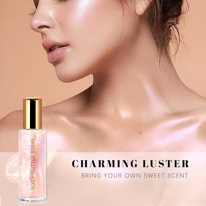 Body Glitter Spray, Moisturizing Bronze Body Shimmer Luminizer Glow Illuminator Quick-Drying and Non-Sticky Liquid Highlighter Spray for Face Hair Glitter, 60ML -Pink