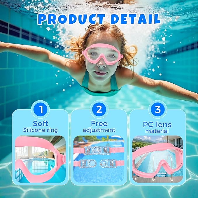 Swim Goggles for Kids 3-15 with Earplugs Large Frame Anti-Fog/UV Swimming Goggles for Boys Girls Toddler 2PCS