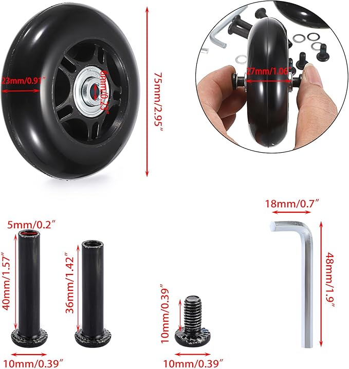 OwnMy 75mm x 23mm Luggage Wheels Replacements Set of 2 Mute Suitcase Replacement Wheels with Black Screws Axles Bearings, Rotatable Silent Rubber Suitcase Swivel Wheel Kit