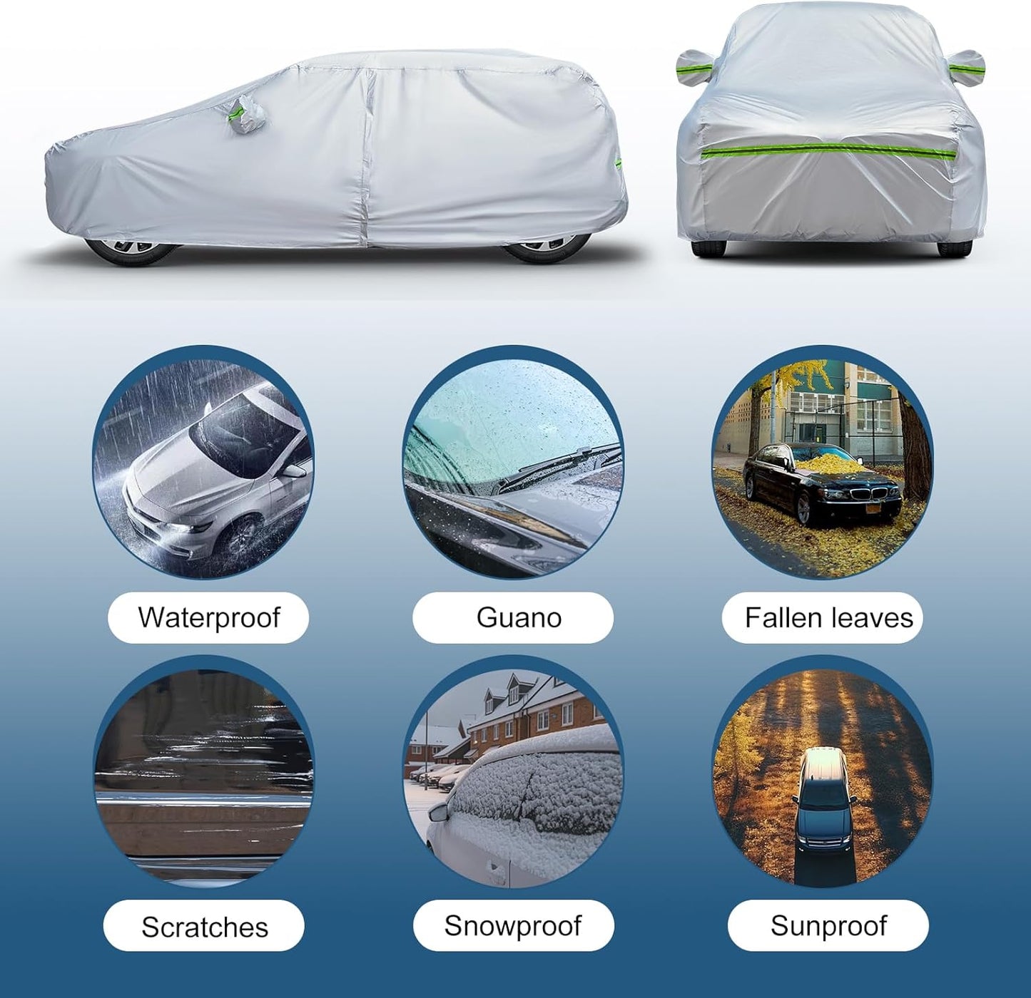 AUQDD 6-Layers Premium SUV Car Cover Waterproof All Weather Weatherproof UV Sun Protection Snow Dust Storm Resistant Outdoor Exterior Custom Form-Fit Full Padded Car Cover with Straps 188"-200" K8