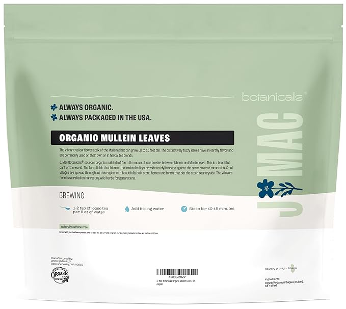 J Mac Botanicals Organic Mullein Leaves (16 oz) Certified USDA Organic. Loose Leaf Mullein Herbal Tea
