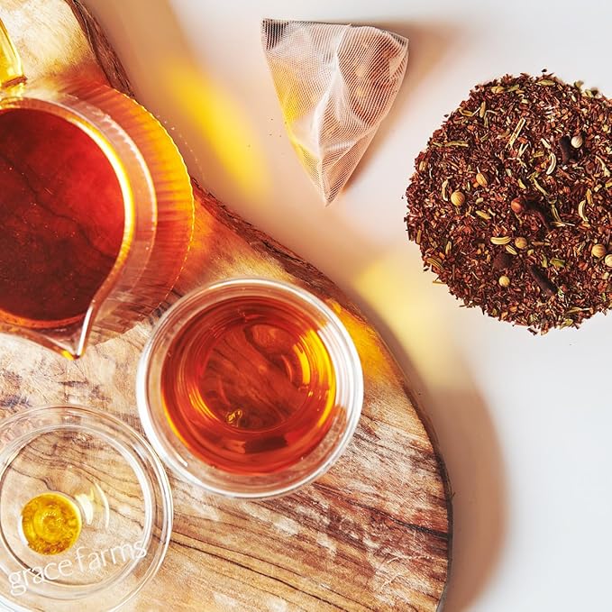 Grace Farms ROOIBOS CHAI Herbal Tea (16 Pyramid Sachets) | Healthy and Caffeine Free | Organic, Fair Trade and Kosher Certified | Gives Back 100% of Profits