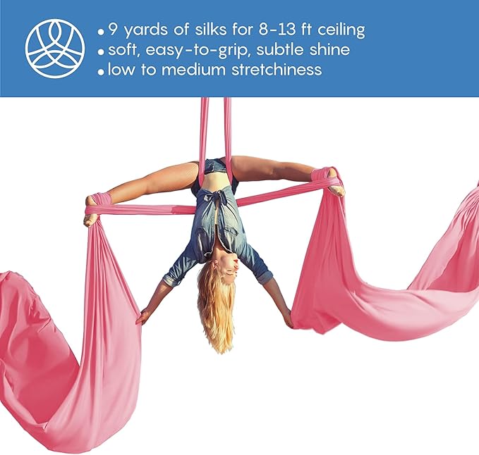 Aerial Silks Starter Kit - Durable 9 Yards of Aerial Yoga Hammock with Hardware & Guide - Aerial Swing for Acrobatic Flying Yoga & All Levels (Aerial Rigging Point Up to 13ft)
