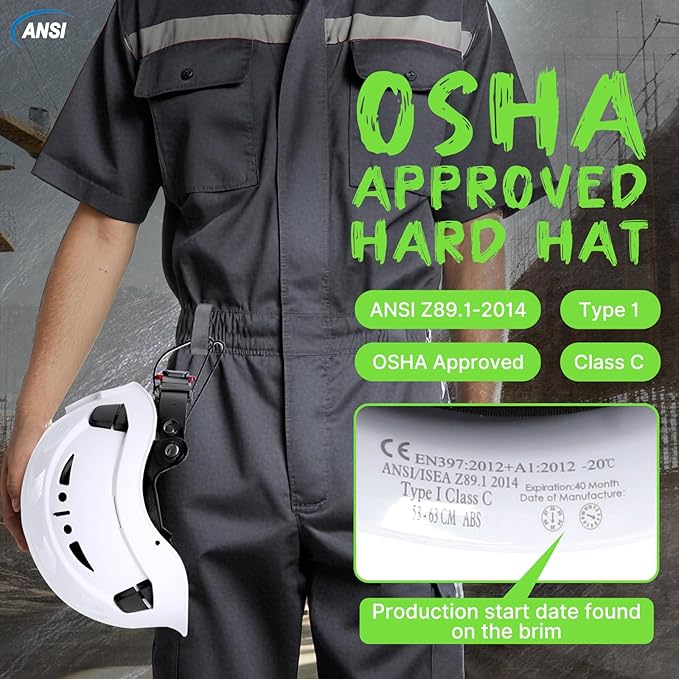 AOLAMEGS Construction Safety Hard Hat - ANSI Z89.1 Type Ι OSHA Approved Safety Helmets with Chin Straps Lightweight Reflective Vented ABS Hard Hats For Men Women Industrial Workwear 6-point Suspension