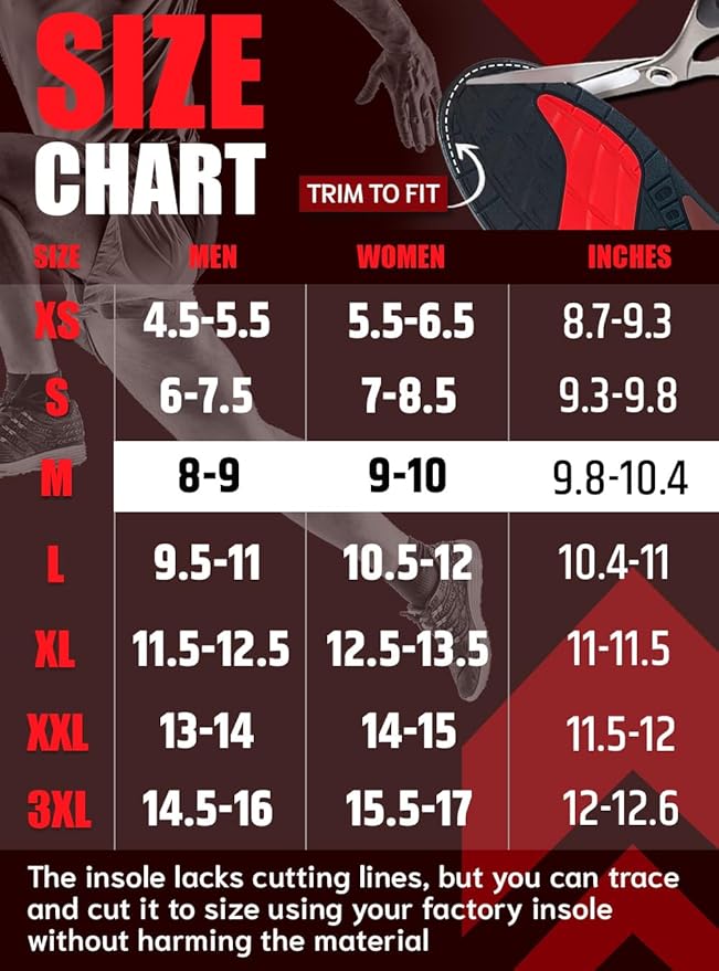 Flex Fit Sport Insoles - Medium Arch Support Inserts - Running Insoles for Sneackers - Shoe Inserts for Men and Women (Red, M)