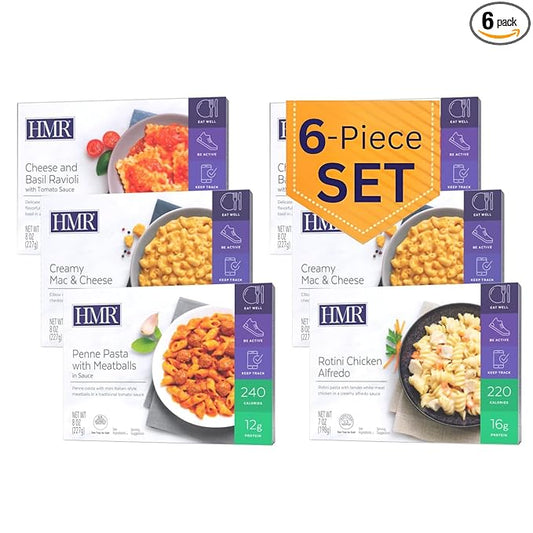 HMR Pasta Classics Entree Bundle 1 ea Penne Pasta w/Meatballs, 1 ea Rotini Chicken Alfredo, 2 ea Cheese & Basil Ravioli, and 2 ea Creamy Mac & Cheese, 7-8 oz, 6 Ready to Eat Meals