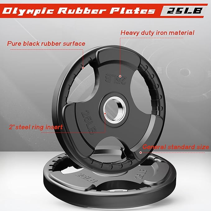 RitFit Olympic Rubber Grip Plates for Barbell, 2-Inch Weight Plates for Weightlifting and Strength Training in Home & Gym, Single, Pair and Sets(2.5/5/10/25/35/45 LB)