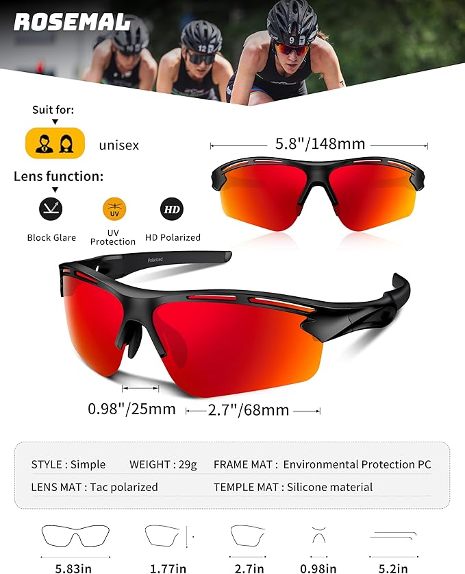 Polarized Sports Sunglasses for Men Women,UV400 Protection Sunglass for Running Cycling Fishing Hiking TR90