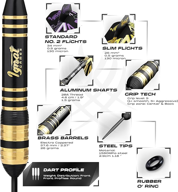 IgnatGames Premium Steel Tip Darts – 3/6/12 Pack Brass Barrels with Aluminum Shafts, 16 GlideXPro Flight Set, Tool Kit & Giftable Case