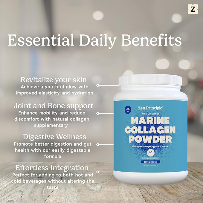 Zen Principle Marine Collagen Peptides Powder 1.5 lb. Wild-Caught Fish, Non-GMO. Supports Healthy Skin, Hair, Joints and Bones.Hydrolyzed Type 1 & 3 Protein. Amino Acids.Unflavored, Easy to Mix.