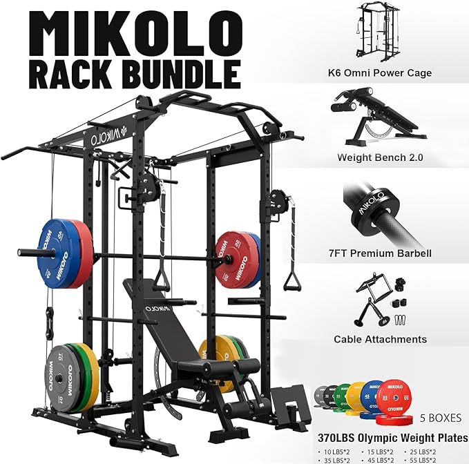 Mikolo Power Cage, Power Rack with Cable Crossover System, 1500LBS Squat Rack with LAT Pull Down System, Workout Cage with Pulley System for Fitness Home Gym