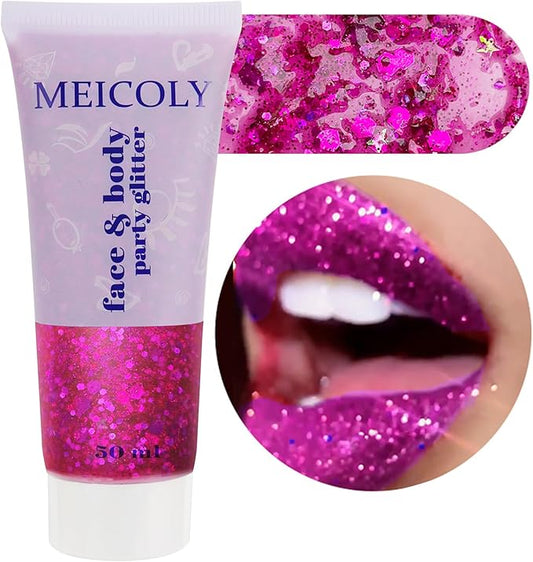 MEICOLY Purple Face Body Glitter,Mardi Gras Outfit for Women,Sparkle Mardi Gras Accessories,Chunky Glitter Face Paint,Face Eye Lip Hair Music Festival Rave Glitter Makeup,Body Glitter Gel for Women