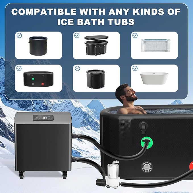 Ice Bath Water Chiller for Cold Plunge Tubs, 1HP Upgraded Cold Plunge Chiller with External Filter & Pump, Submersible Pump, Insulated Hoses, 110V Cooling Chiller for for Cold Therapy Recovery