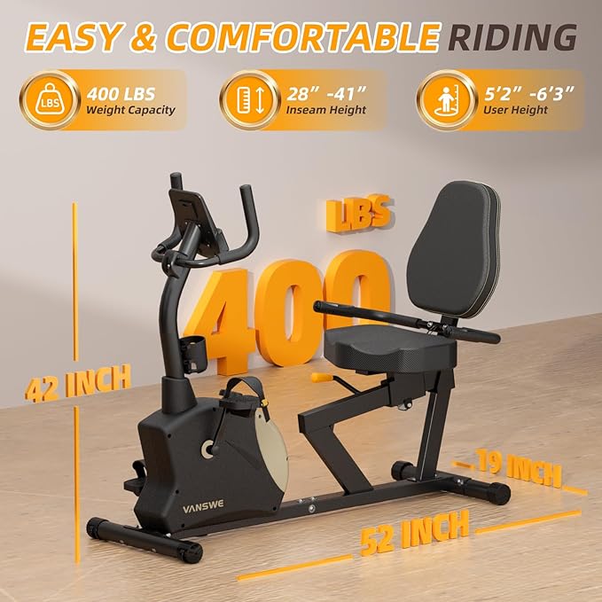 VANSWE Recumbent Exercise Bike, Recumbent Stationary Bikes for Home 400 LBS Weight Capacity, Exercise Bike for Home Seniors with Smart App and Bluetooth Connectivity, LED Display, Pulse Handle