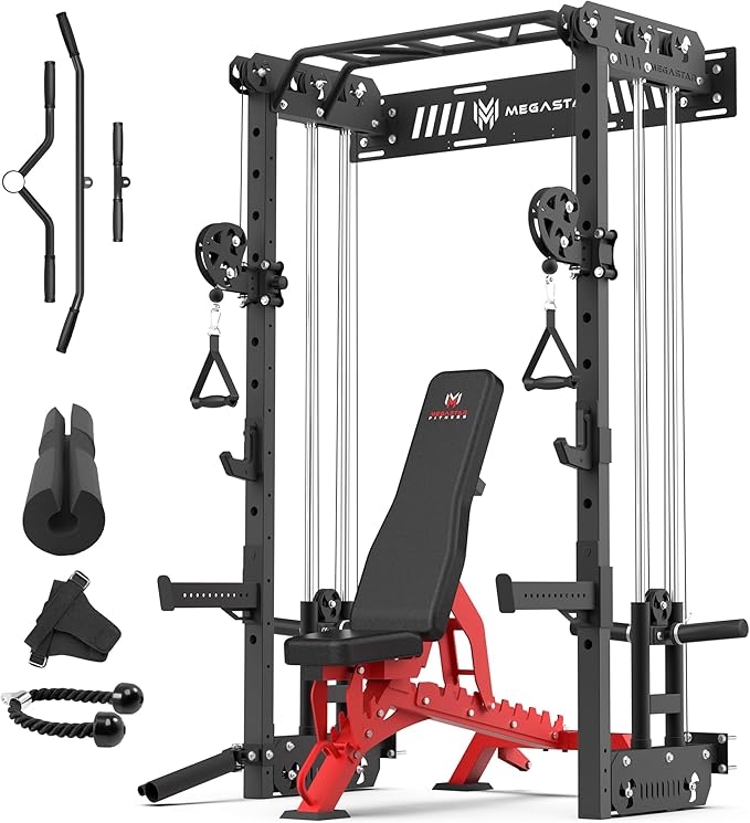 Wall Mounted Power Rack – 1600LB Capacity Compact Commercial Home Gym with Dual Cable Crossover, LAT Pulldown, Multi-Grip Pull-Up Bar & Landmine Attachment for Small Spaces, P67 Striker Red