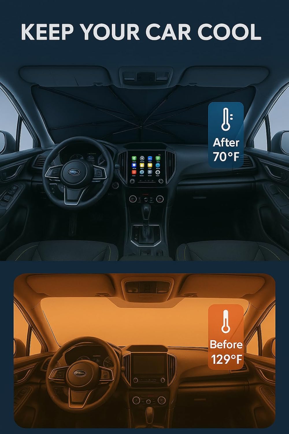 Proadsy Windshield Sun Shade Umbrella for Ford Ranger 2019-2025 2026 Foldable Car Umbrella Sunshade with Soft TPU Handle Spring Structure Crystal Cooling Material Protect Car from Rays & Heat