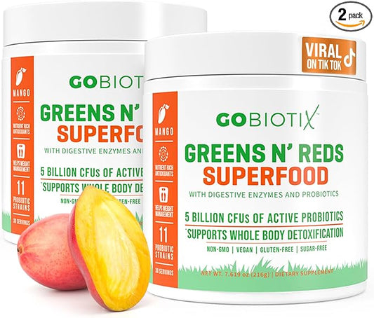 GOBIOTIX Super Greens and Reds Powder - Red and Green Superfood - Probiotic Supplement - Digestive Enzymes and Beet Root Powder - Organic Whole Foods Dietary Supplement (Mango, 2 Pack)