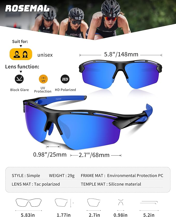 Polarized Sports Sunglasses for Men Women,UV400 Protection Sunglass for Running Cycling Fishing Hiking TR90