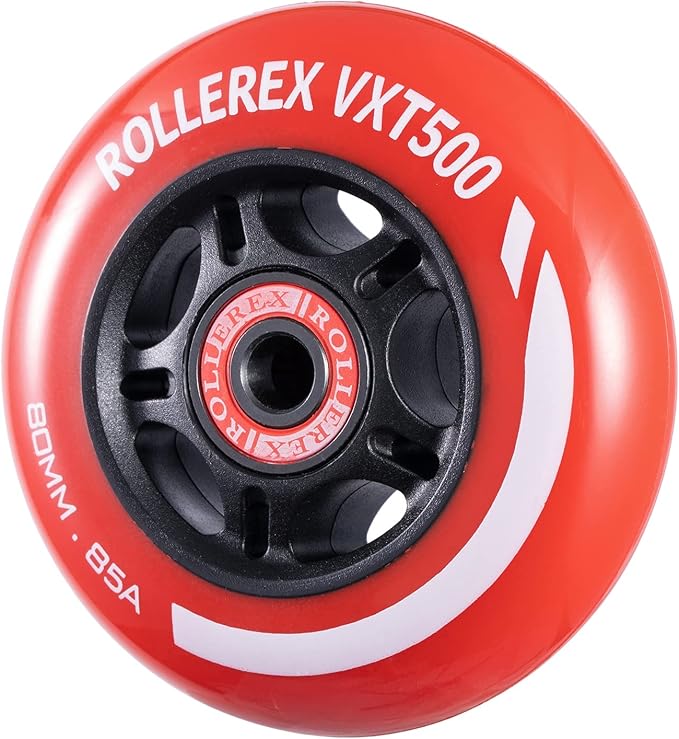 Rollerex VXT500 Inline Skate Wheels (8 Wheels w/Bearings, spacers and washers) (Various Size & Color Options Available) - for Indoor, Outdoor, Hockey - Intended for Roller Blade Wheel Replacement