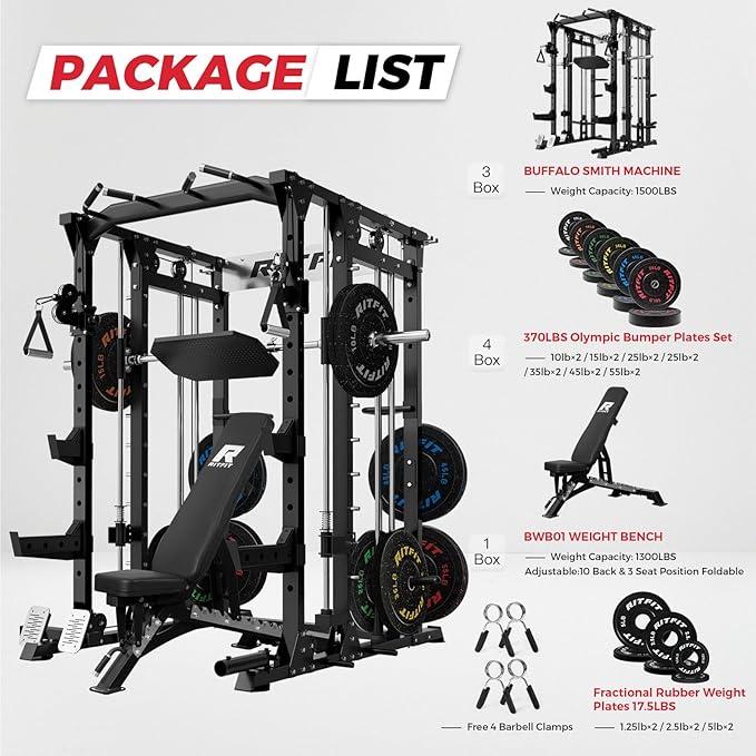 RitFit Smith Machine Power Cage with LAT Pulldown & Cable Crossover, All-in-One Power Rack Home Gym System with Leg Press Attachment & Accessories