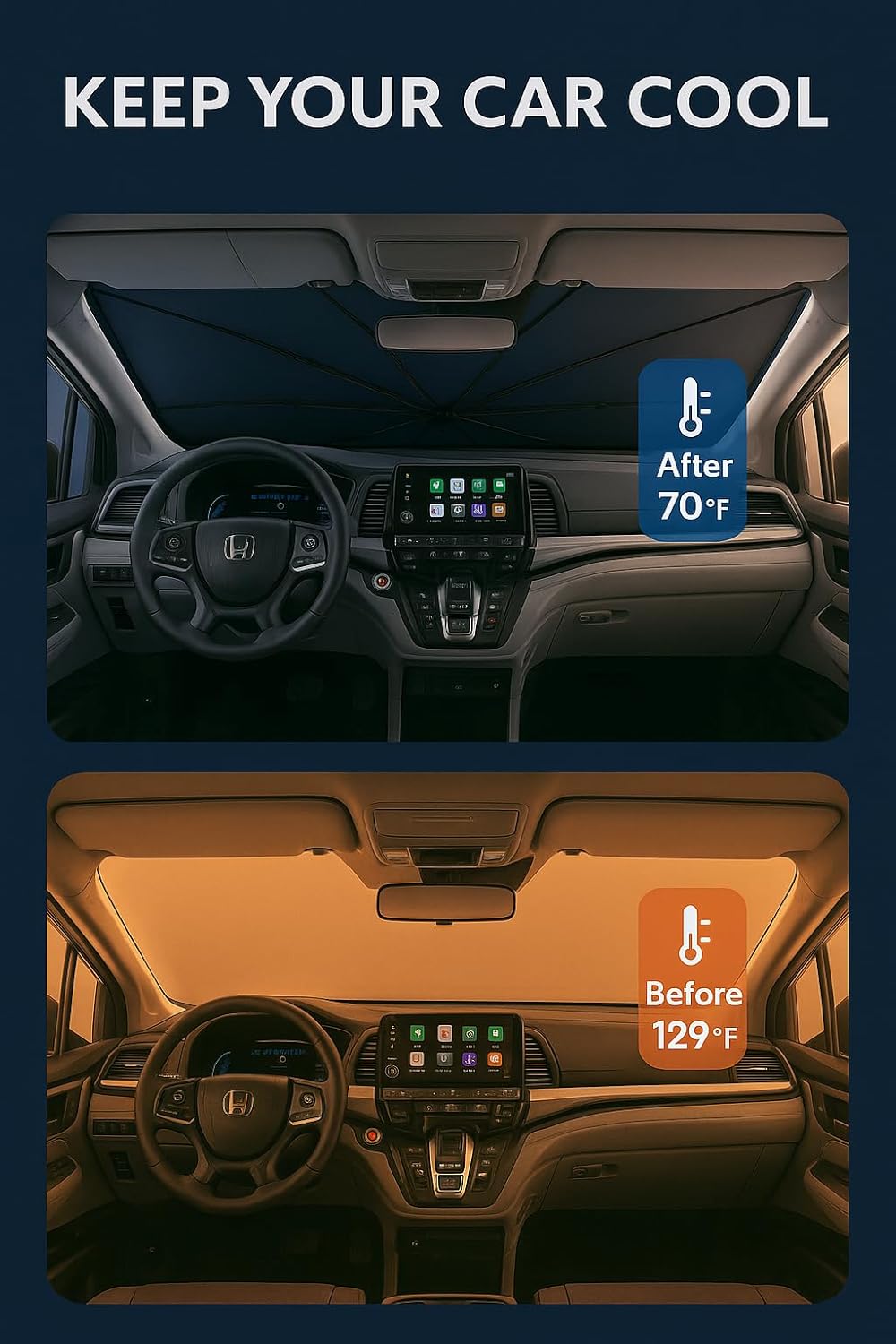 Proadsy Windshield Sun Shade Umbrella for Honda Odyssey 2018-2025 2026 Foldable Car Umbrella Sunshade with Soft TPU Handle Spring Structure Crystal Cooling Material Protect Car from Rays & Heat