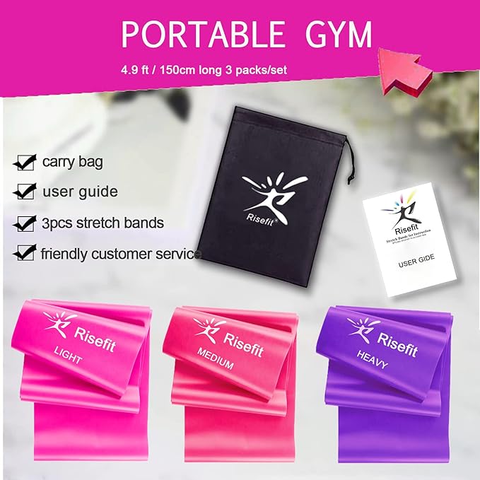 Therapy Flat Resistance Bands Set, Latex Free Flat Elastic Exercise Stretch Bands for Stretching, Flexibility, Pilates, Yoga, Ballet, Gymnastics, Rehab, Workout, Pink, Purple, Blue (3 Pack, 5 FT long)