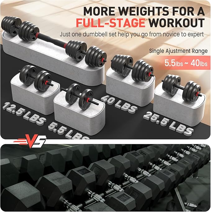 Adjustable Dumbbells, 20/30/40/55/60/70/80/90lbs Free Weight Set with Connector, 2 or 3 in 1 Dumbbells Used as Barbell, Kettlebells, Fitness Exercises for Home Gym Suitable for Men/Women