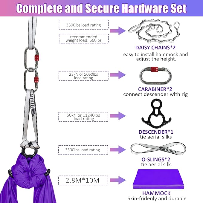 Aerial Silks Kit & Aerial Yoga Hammock - 11Yd Premium Fabric Hardware - Easy Setup for Flying Yoga, Aerial Swing & Fitness - Supports Up to 14ft Rigging