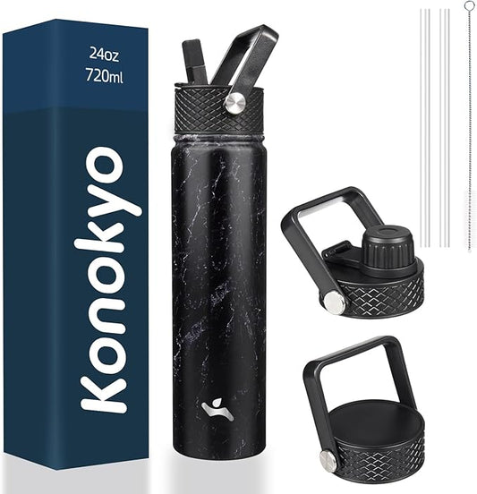 Insulated Water Bottle 24oz Stainless Steel Sport Bottles with 3 Lids,Marble Midnight