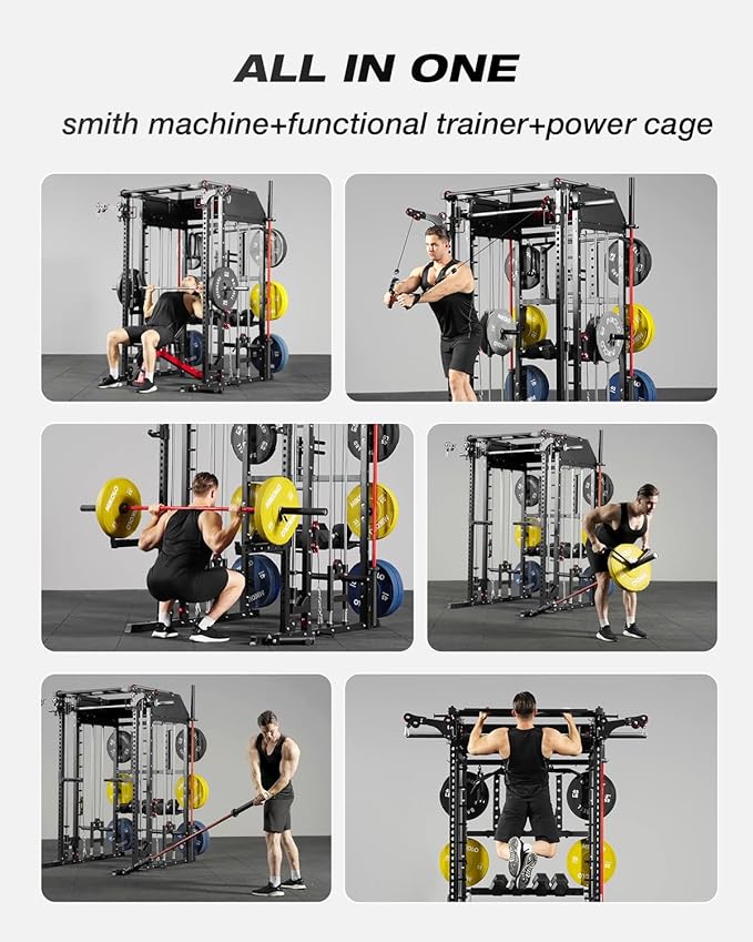 Mikolo Smith Machine, Multi-Function Power Cage with Dual Pulley System, Vertical Leg Press Attachment, Squat Rack Power Rack with More Training Attachment for Home Gym
