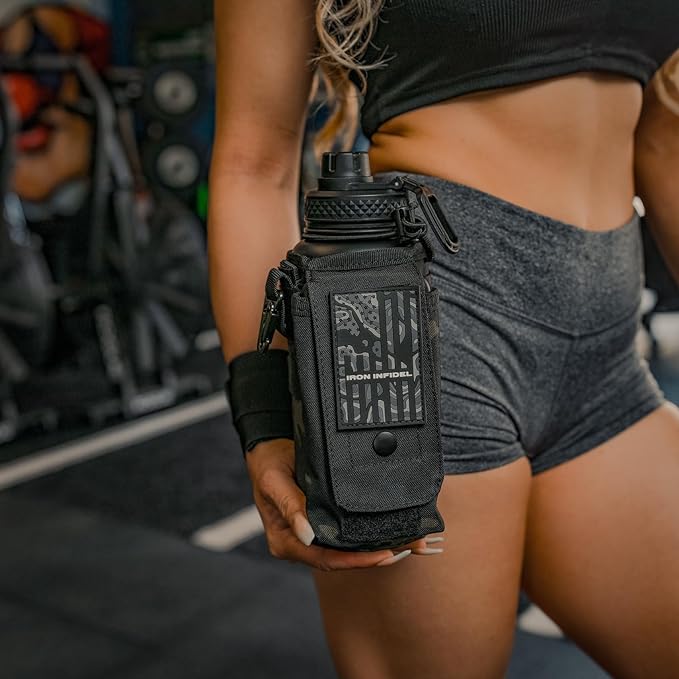 Iron Infidel Battle Bottle - 32 Oz Insulated Water Bottle with Straw Lid & Chug Cap, Stainless Steel Metal Tactical Flask With Rugged, Removable Sleeve for Keys & Phone or Wallet (Black Camo 1 Liter)