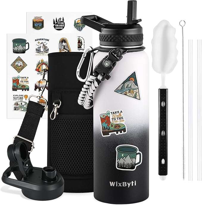 40 oz Insulated Water Bottle with Straw (Cold for 48 Hrs), Stainless Steel Triple Wall Vacuum Sports Water Jug, Leakproof Hydro Cup Flask with Paracord Handle & Straw Spout Lids & DIY Stickers
